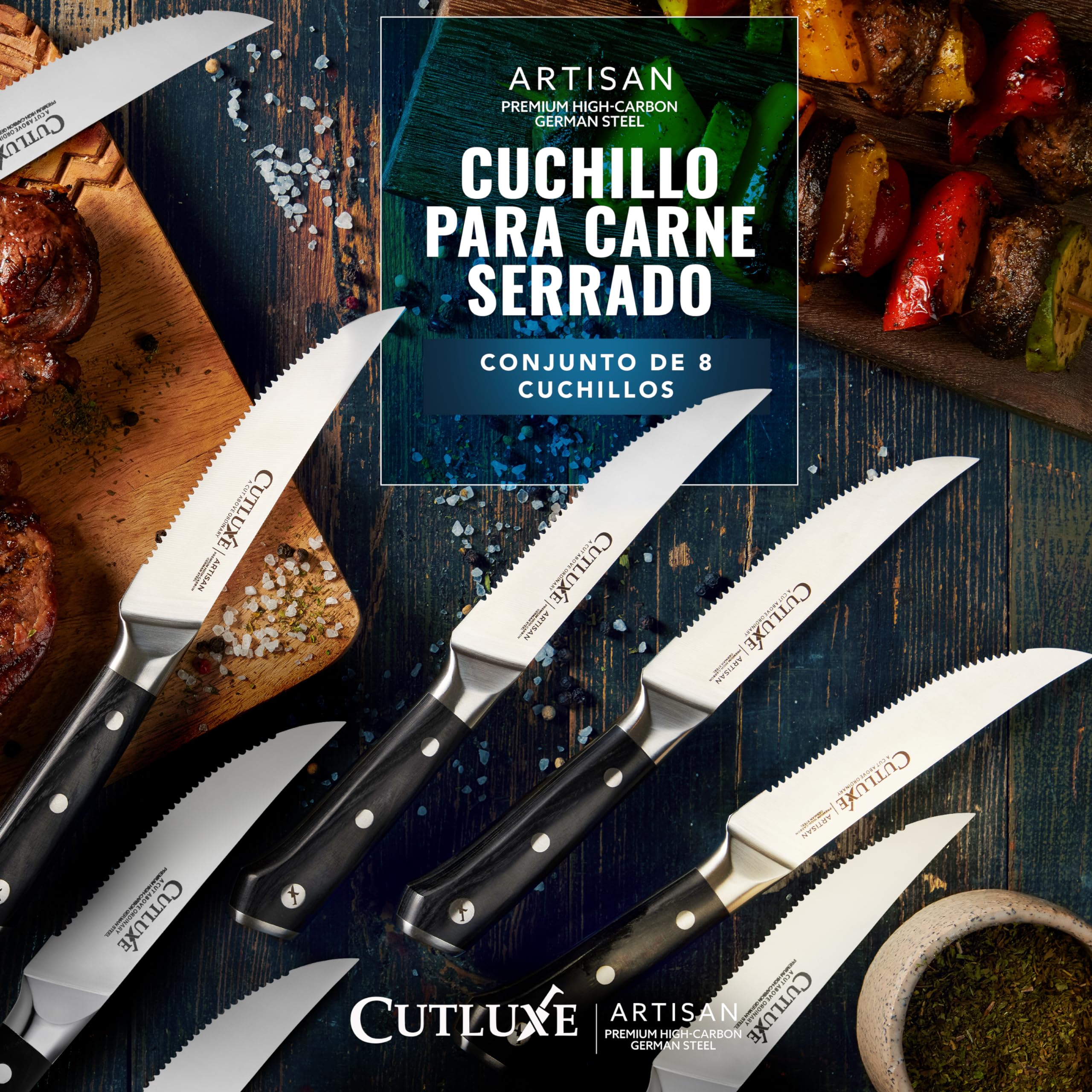 Cutluxe Cuchillos Carne – Juego de 8 Cuchillos de Mesa, Cuchillos Sierra – Acero Alemán Alto Carbono Forjado, Espiga Completa, Diseño Ergonómico Mango – Serie Artesanal
