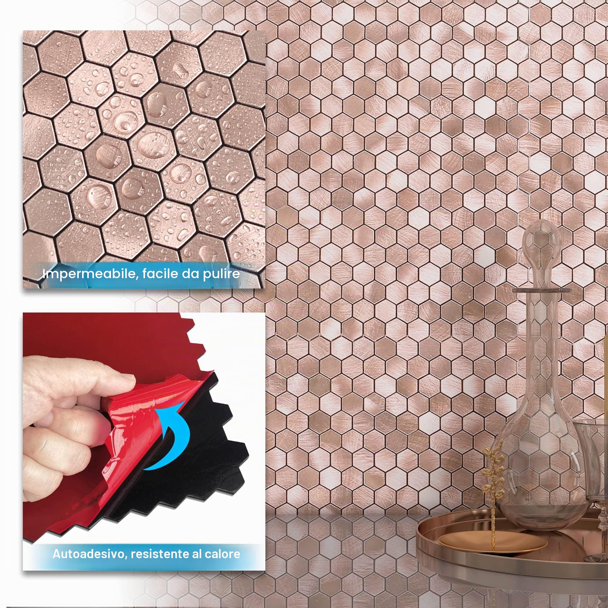 BeNice Piastrelle Esagonali Adesive Mosaico Metalliche Rosa 10pezzi