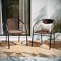 Emma + Oliver Set of 2 Modern Rattan Stacking Patio Chairs - Indoor/Outdoor, Curved Back, Cross Bracing, Brown, 352 lbs Capacity