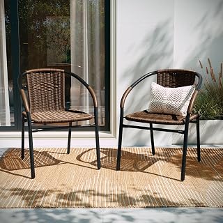Emma + Oliver Set of 2 Modern Rattan Stacking Patio Chairs - Indoor/Outdoor, Curved Back, Cross Bracing, Brown, 352 lbs Capacity