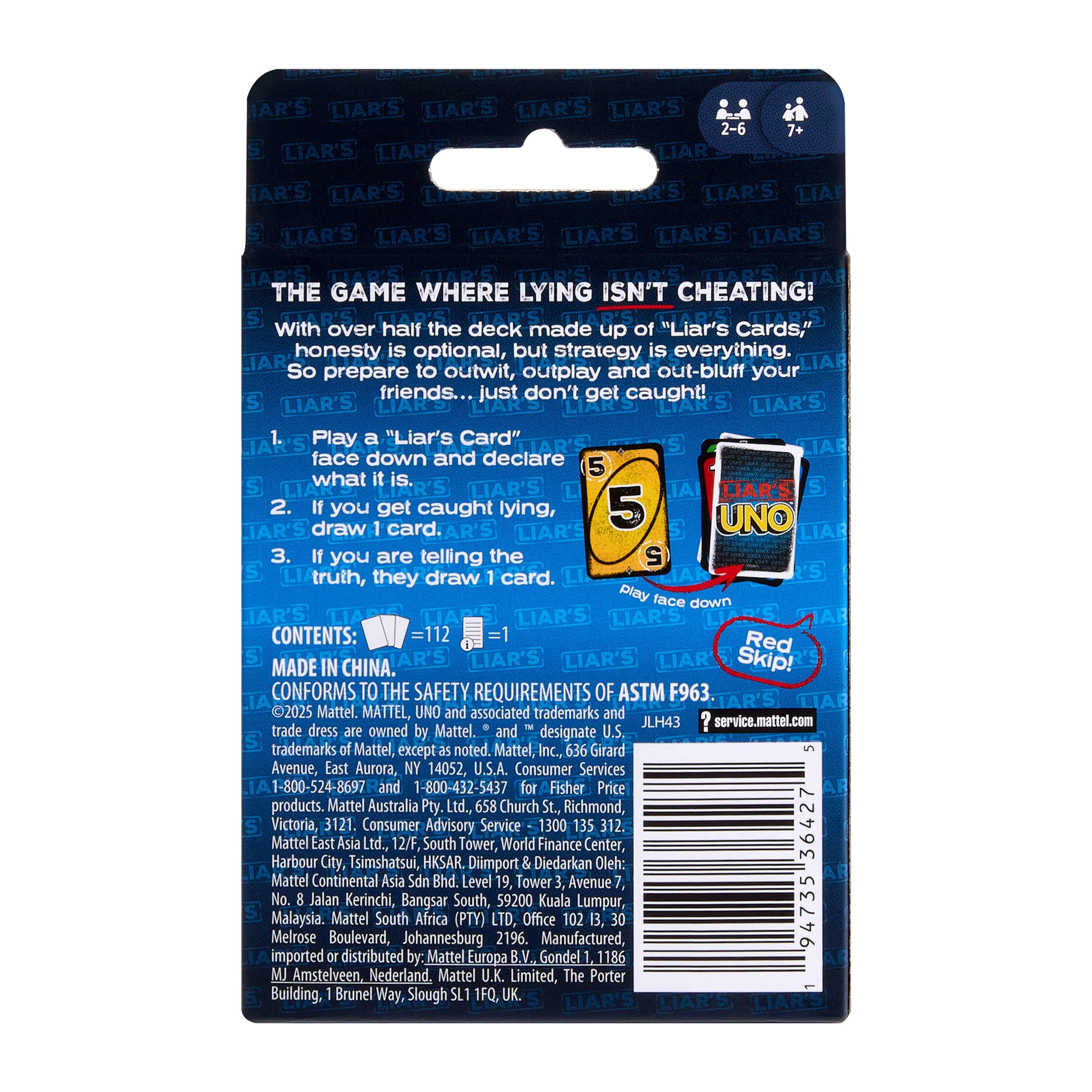 Mattel Games - Liar's UNO, nuova versione con bluff e trucchetti dell'iconico gioco, inganna gli altri giocatori e fai dubitare i tuo avversari per vincere, 7+ anni, JLH43
