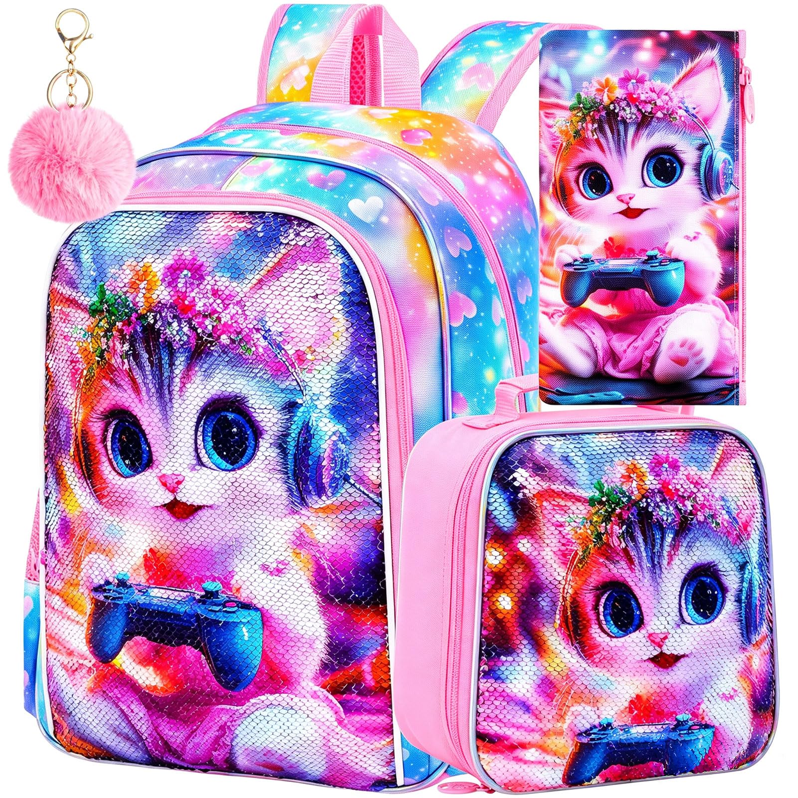 CCJPX 3Pcs Cat Backpack for Girls, 16" Kids Sequin Bookbag with Lunch Box, Cute Water Resistant Schoolbag for Preschool Kindergarten Toddler(Pink)