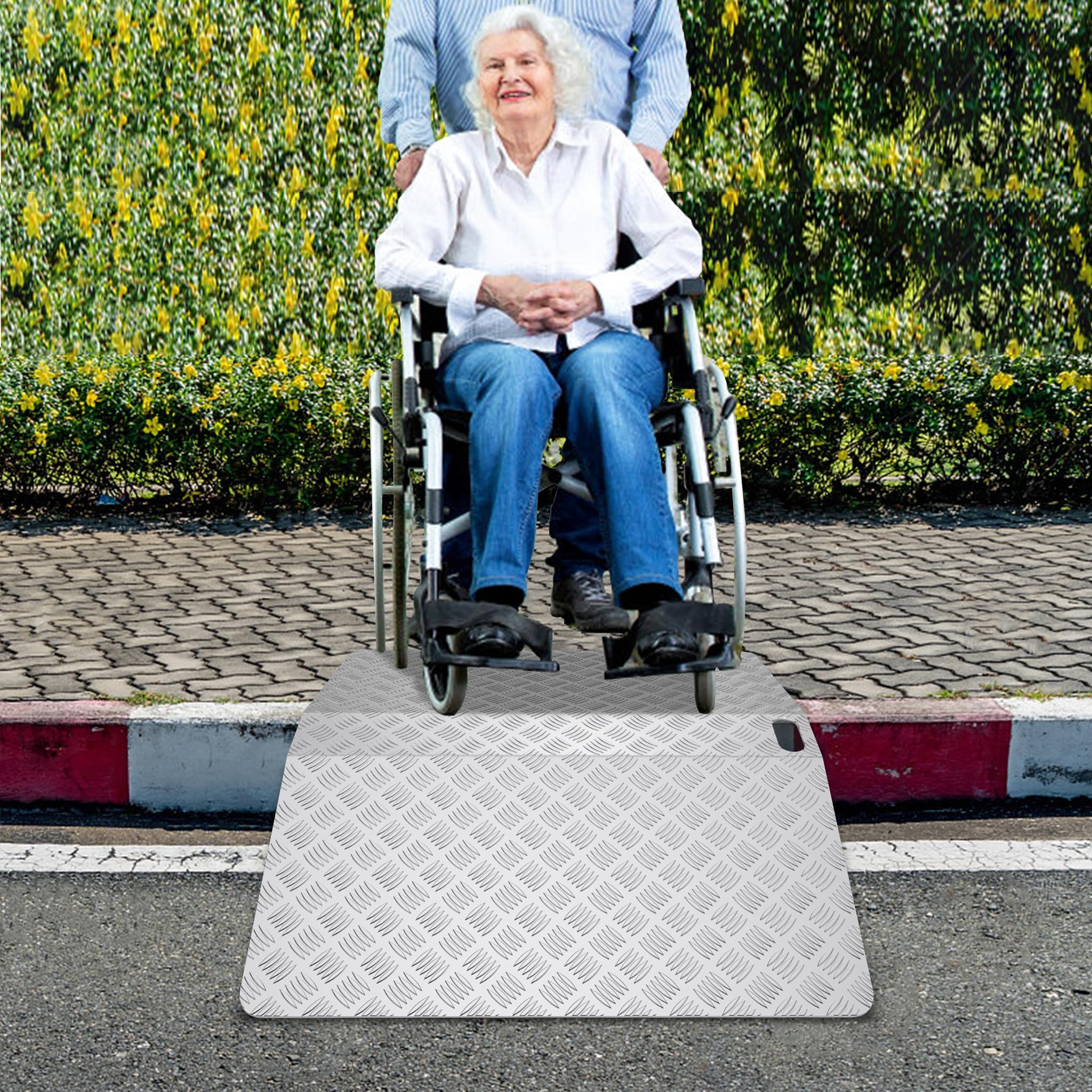 ACXIN Rampa progowa, aluminiowa, antypoślizgowa rampa dla wózków inwalidzkich z uchwytami, przenośny most progowy, nośność 270 kg (60 x 70 x 10 cm)