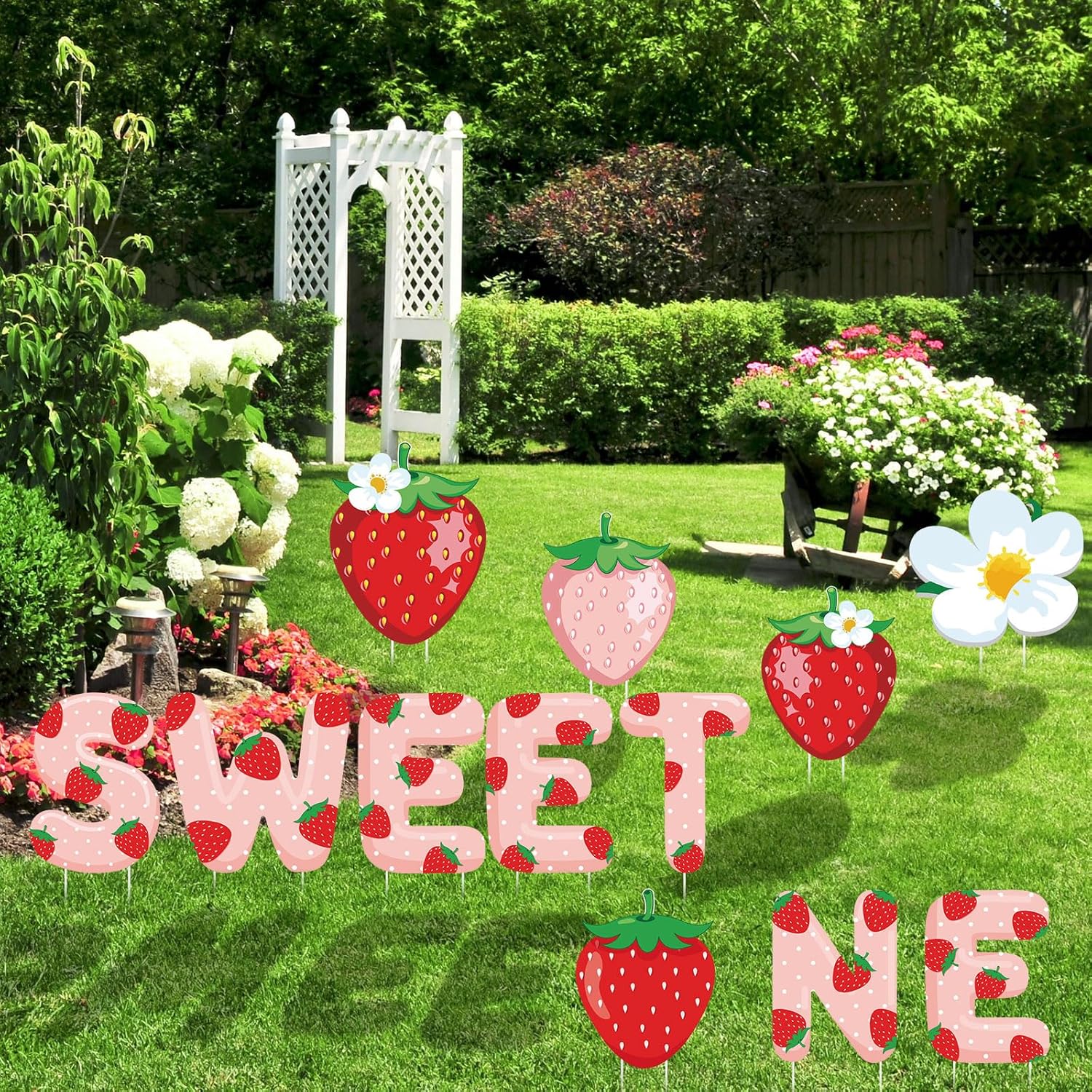 Liliful 12 Pcs Strawberry First Birthday Party Decorations Yard Signs with Stakes Sweet One Baby Shower Decor Strawberry Outdoor 1st Birthday Party Lawn Sign Garden Decor