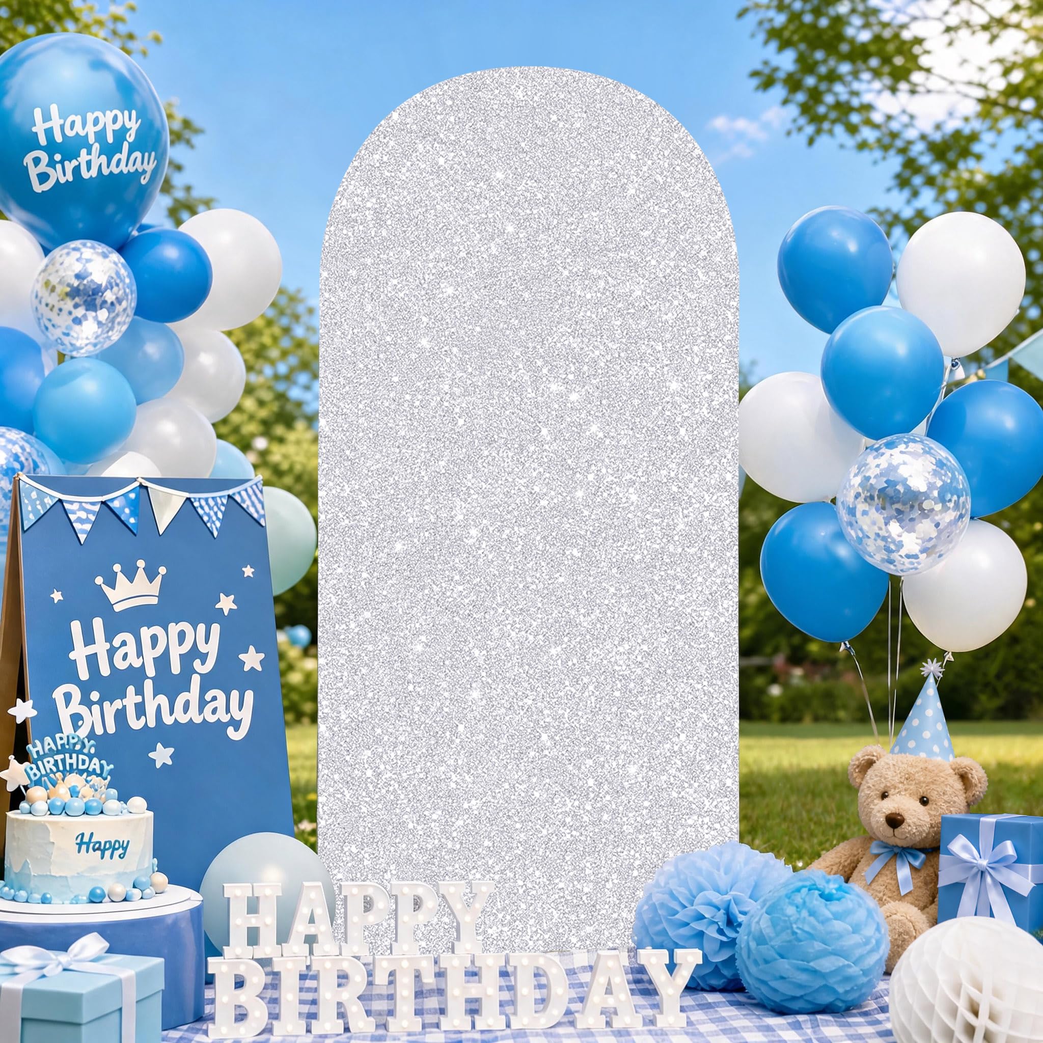 Silver Glitter Balloon Arch Cover 6FT Summer Spandex Fitted Arch Backdrop Cover for Wedding Birthday Party Baby Shower Banquet Photography Background Decoration