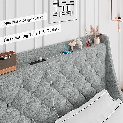 Miniatura 5 de iPormis Marco de cama tamaño completo con 4 cajones de almacenamiento, marco de cama de plataforma tapizado con puertos Type-C y USB, cabecera de