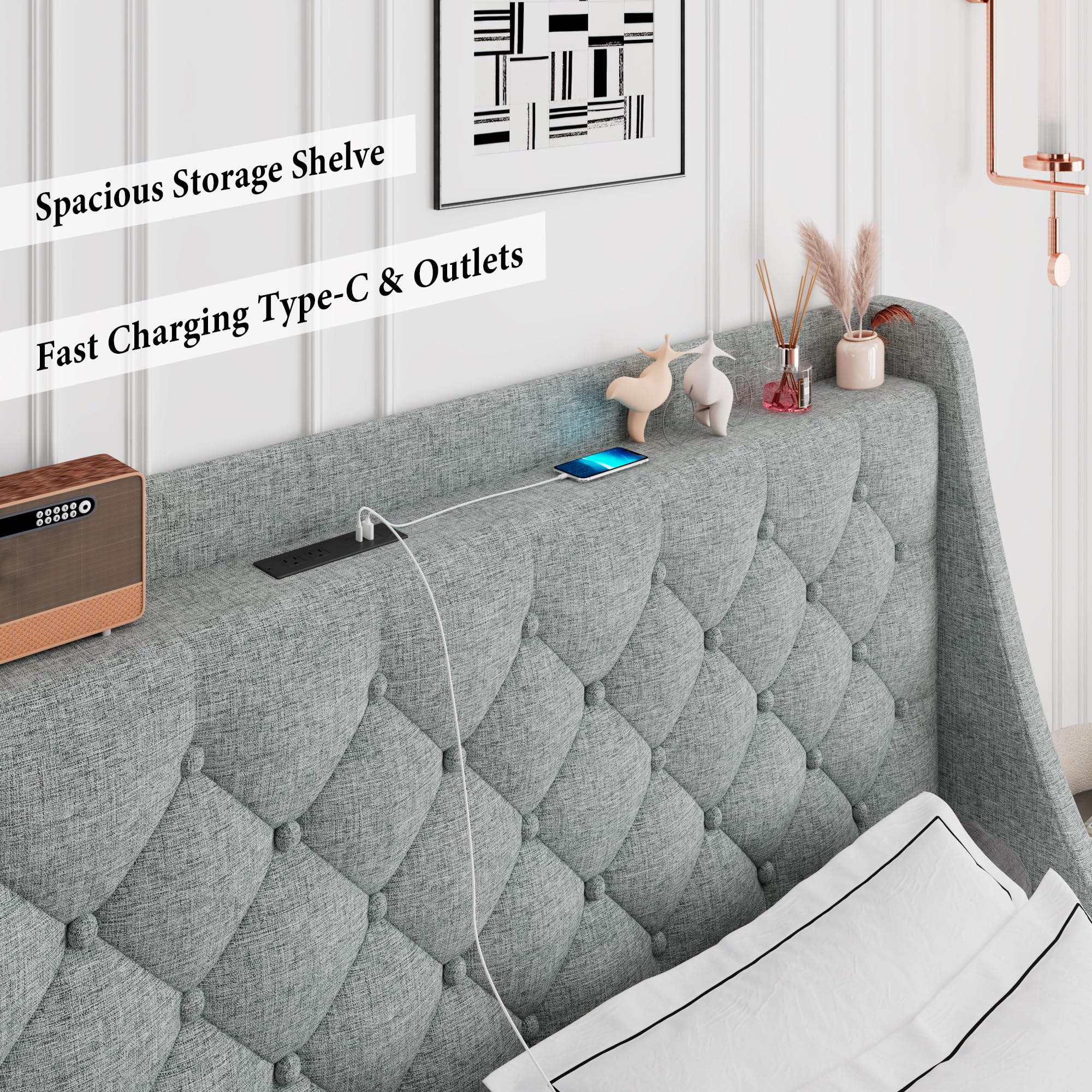 King Size Bed Frame With Headboard Homfa King Size LED Bed Frame, 4 Storage  Drawer PU Upholstered Platform Bed With Adjustable Crystal Button Tufted  Headboard Black King Size Bed Frame Black, image size:2000x2000