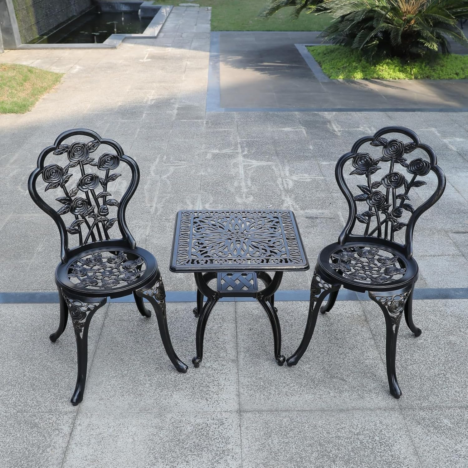 KAILI Rose Garden Cast Aluminum Bistro Chairs, Decorative Outdoor Patio Seating, Set of 2, White and Black (Rose Chair Bronze)