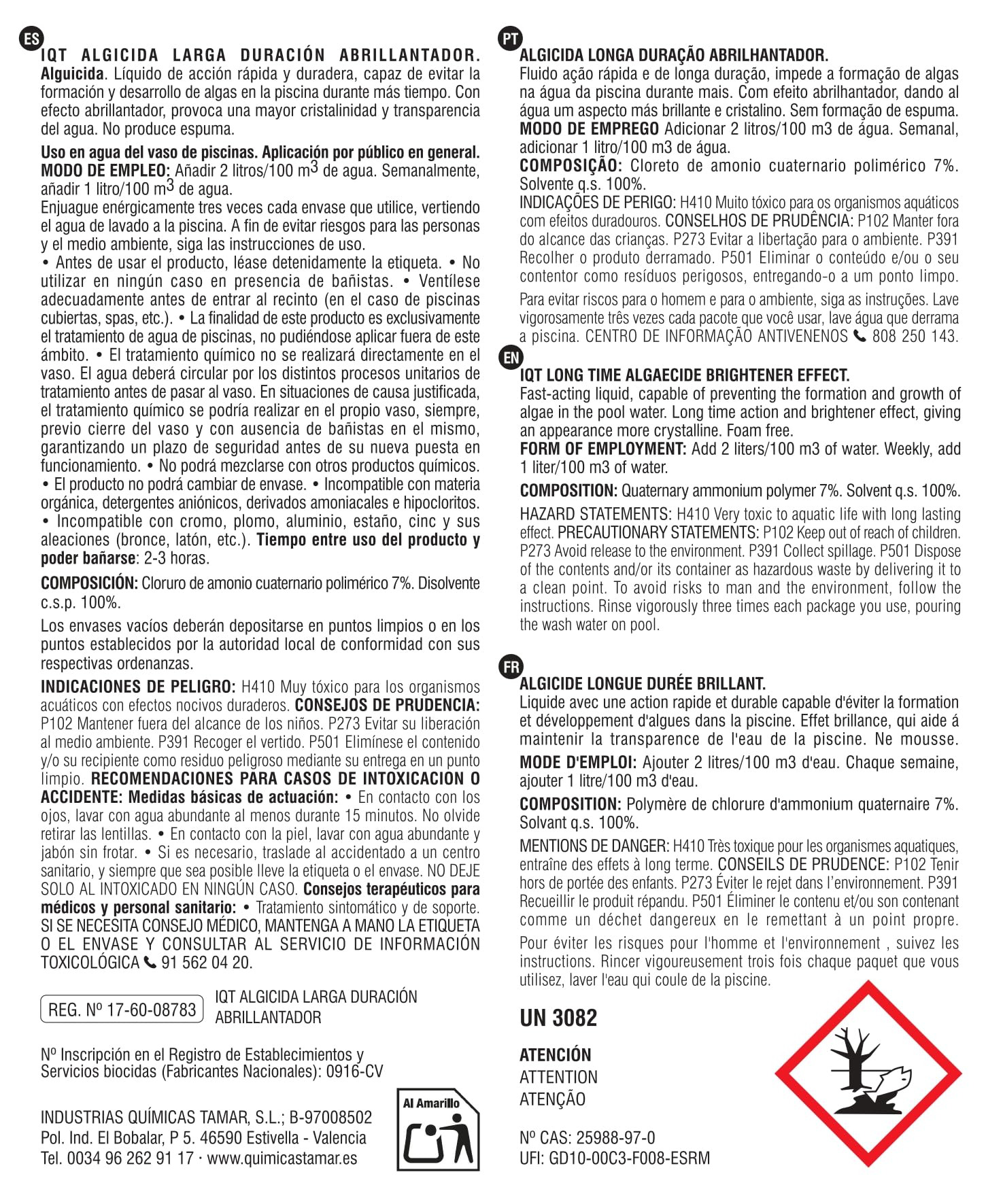Tamar Algicida Larga Duración con Efecto Abrillantador, biocida Especial Piscinas, alguicida no espumante, antialgas preventivo, acción rápida, sin Cobre 5 litros — view 2