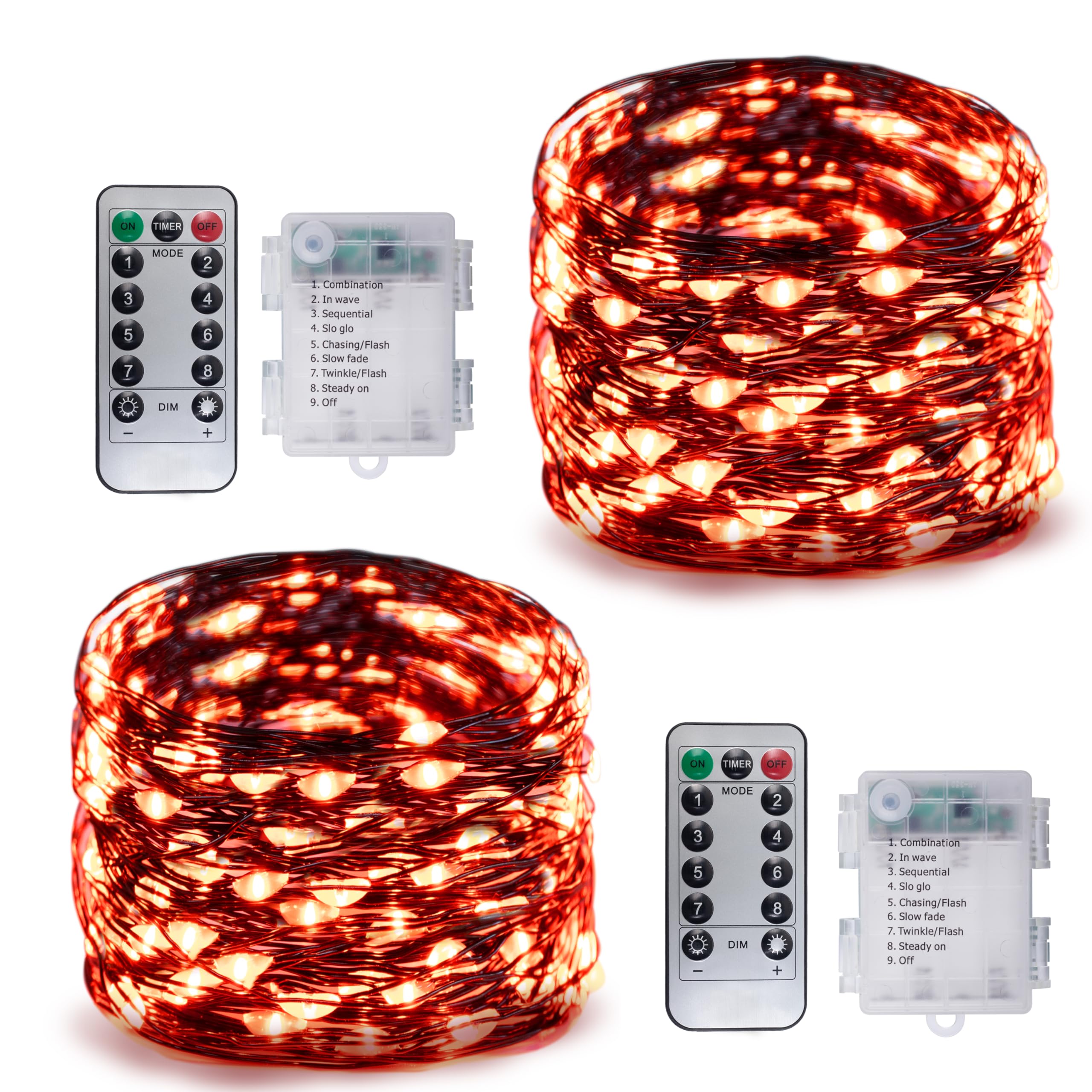 Gardenvy 2 Set Christmas Fairy Lights Battery Operated, 16ft 50LED Outdoor String Lights with Remote, 8 Modes Twinkle Lights Black Wire Firefly Lights for Garden Bedroom Party Decor- Orange