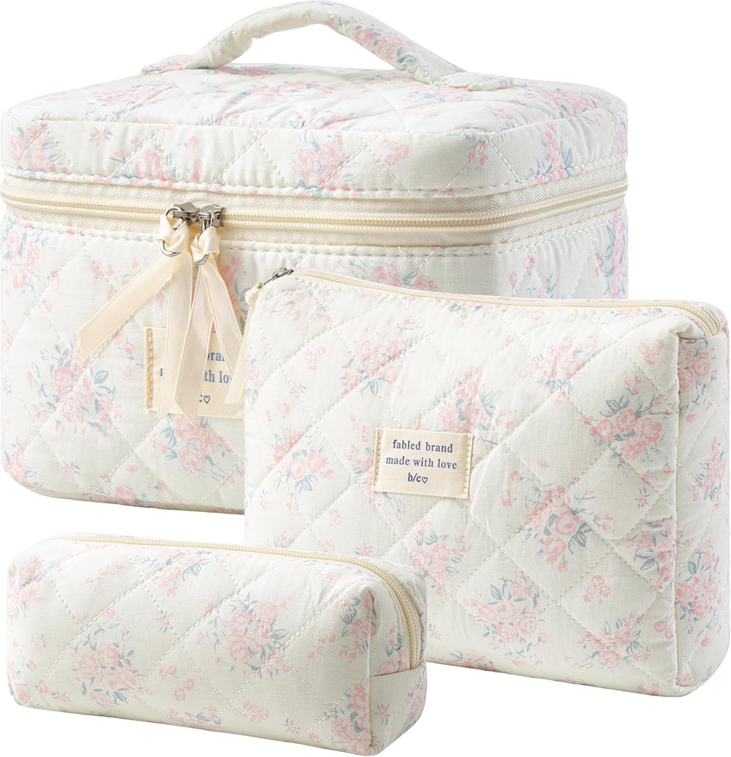 HBselect Quilted Makeup Bag, 3PCS Cotton Large Travel Makeup Bag, Cute Floral Coquette Make up Bag Cosmetic Bag Toiletry Bag for Women Girls
