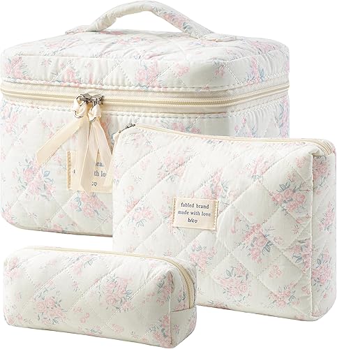 Miniatura 20 de HBselect Bolsa de Maquillaje Acolchada, 3 Piezas de Gran Bolsa de Maquillaje de Viaje de Algodón, Linda Bolsa de Maquillaje Floral Coquette, Bolsa
