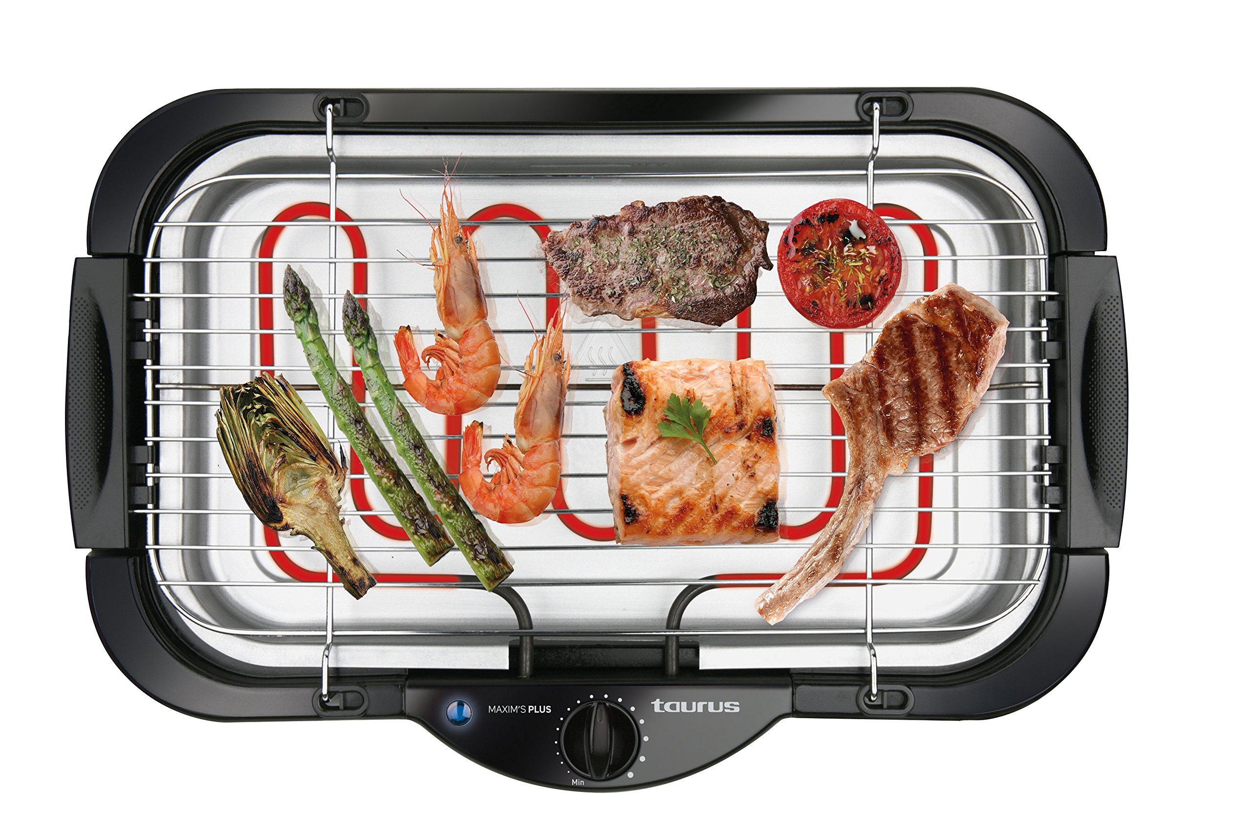 Taurus Maxim's Plus - Barbacoa eléctrica, uso con o sin patas, gran superficie de cocción 41x24cm, 78 cm de altura, barbacoa sin humos, cocina incluso en interiores, termostato regulable