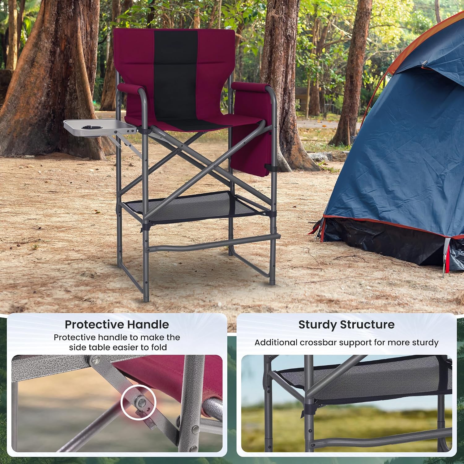 Tall Directors Chair 30" Seat Height, Bar Height Folding Chair with Side Table, Foldable Camping Chair with Side Pocket for Makeup Artist, Sports Event, Supports 400LBS - Red