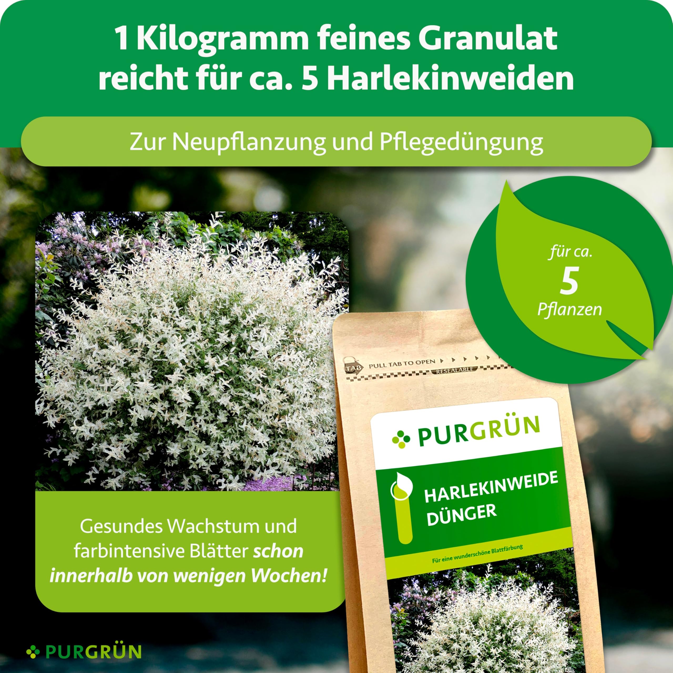 Harlekinweide-Dünger 1 kg – Organisch-mineralische Rezeptur – Feinkörniges Krümelgranulat – NPK 5+4+6 – Extra Magnesium für prächtige Blüten – Verbessert die Bodenqualität