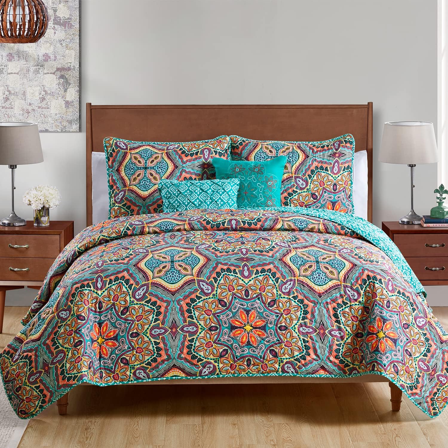 VCNY Home - King Quilt Set, 5-Piece Lightweight Reversible Medallion Quilt Set, Boho Room Décor (Yara Multicolor, King)