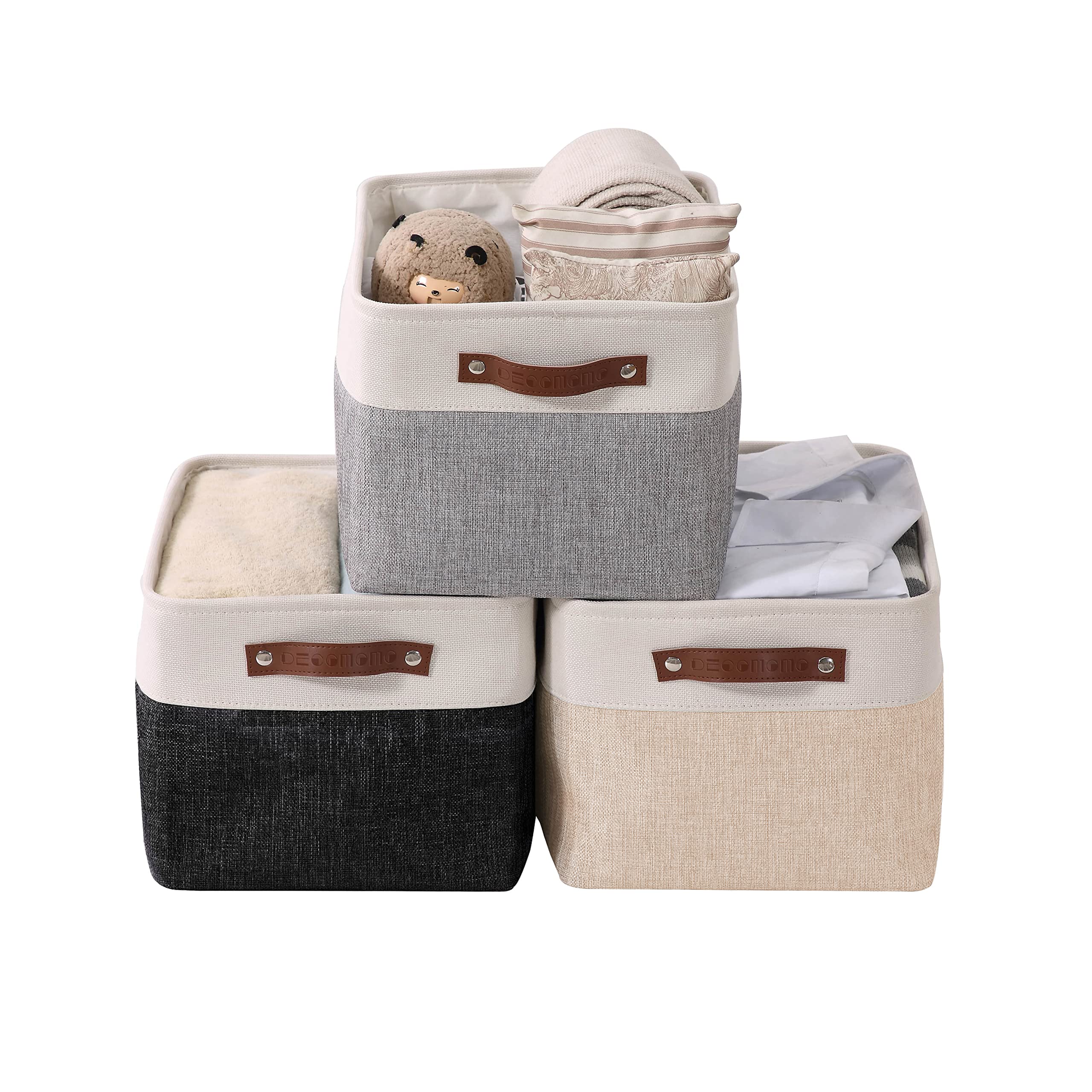 DECOMOMO Storage Baskets | Storage Boxes Fabric Organiser Storage for Wardrobe, Toys, Shelves, Office, Home & Nursery (Large Grey, Black & Beige 15 x 11 x 9.5 – Set of 3)