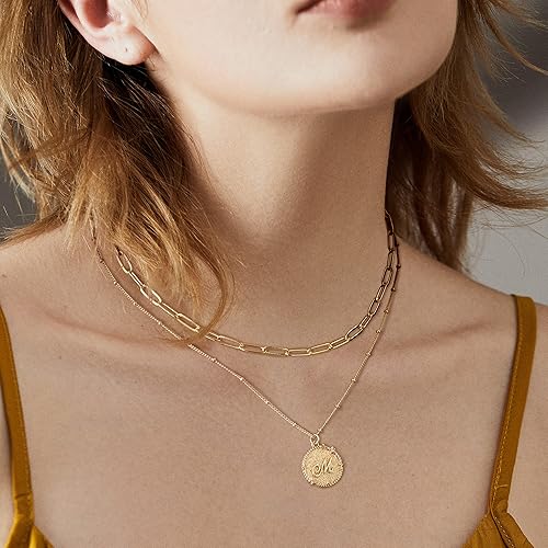 Miniatura 3 de LOYATA Gargantilla en capas con dije de moneda inicial de estrella dorada de 2 capas de diamantes de circonita cúbica chapada en oro de 14 quilates