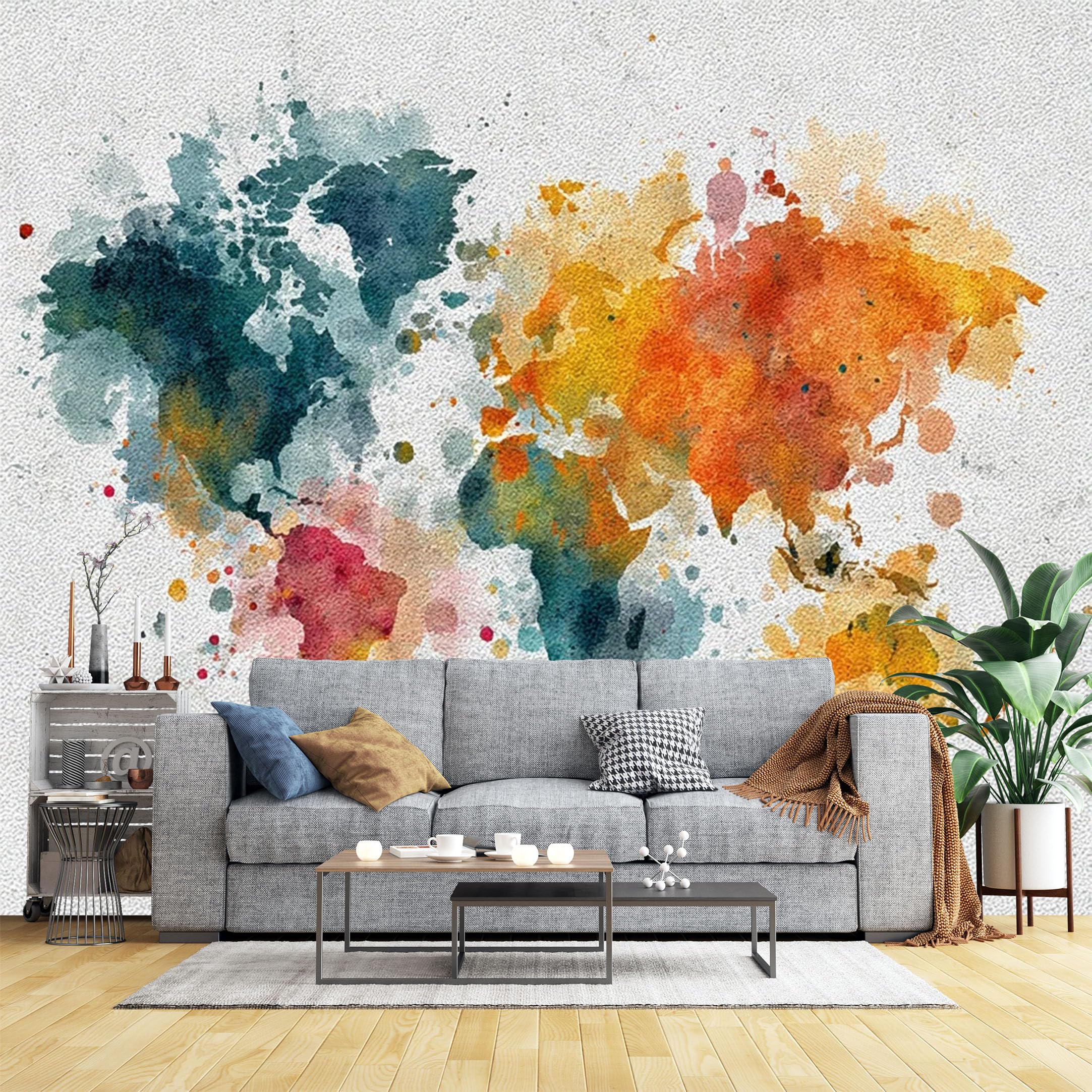 Custom Size Wall Murals Colorful Watercolor World Map Wall Murals Abstract Art Wallpaper, Realistic Self-Adhesive Removable Wallpaper for Office