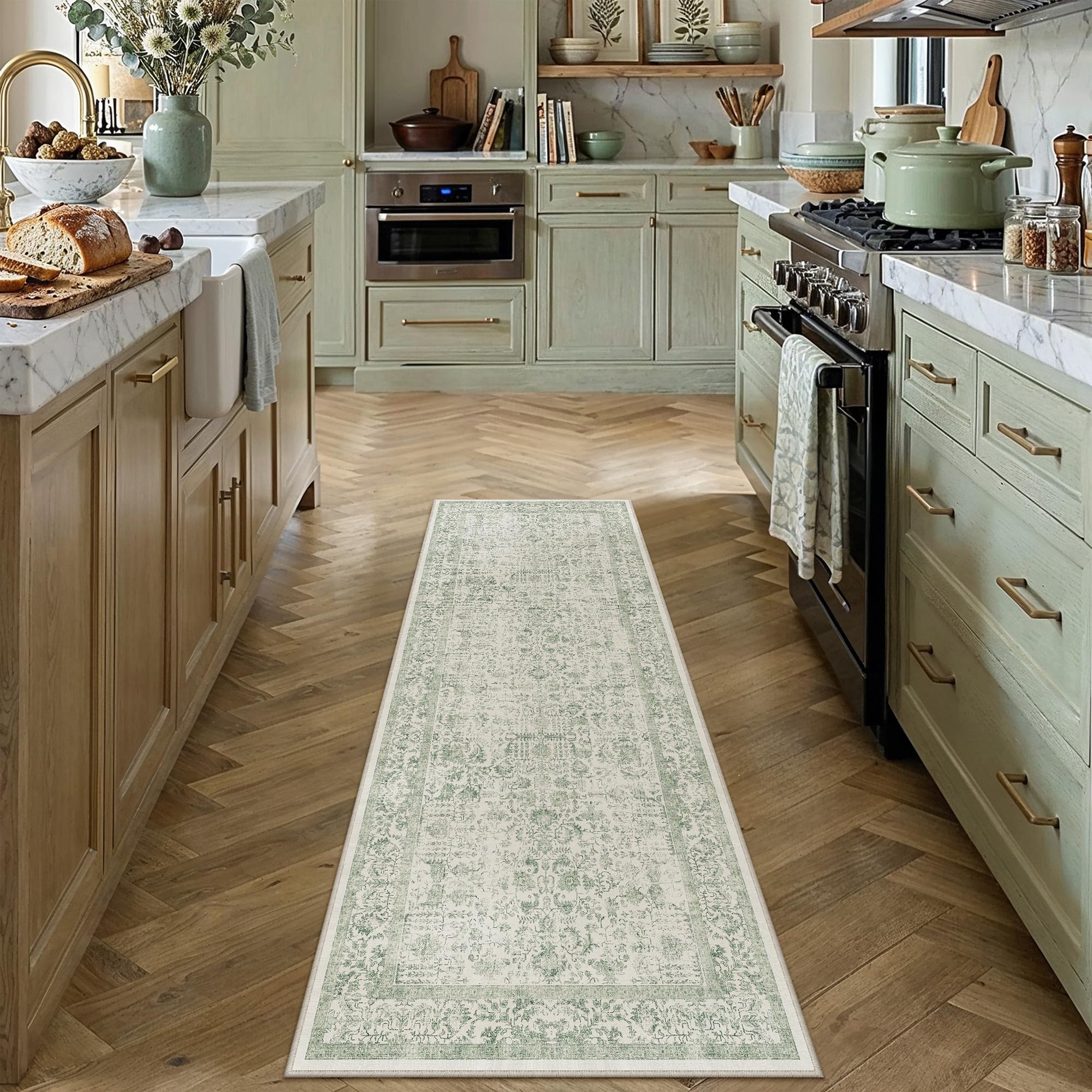 PureCozy Runner Rug 2x5 Sage Green Hallway Washable Vintage Distressed Kitchen Carpet Non Slip Neutral Low Pile Retro Floral Farmhouse Long Throw Rug Entryway Bathroom Office Laundry Dining Room — image 1