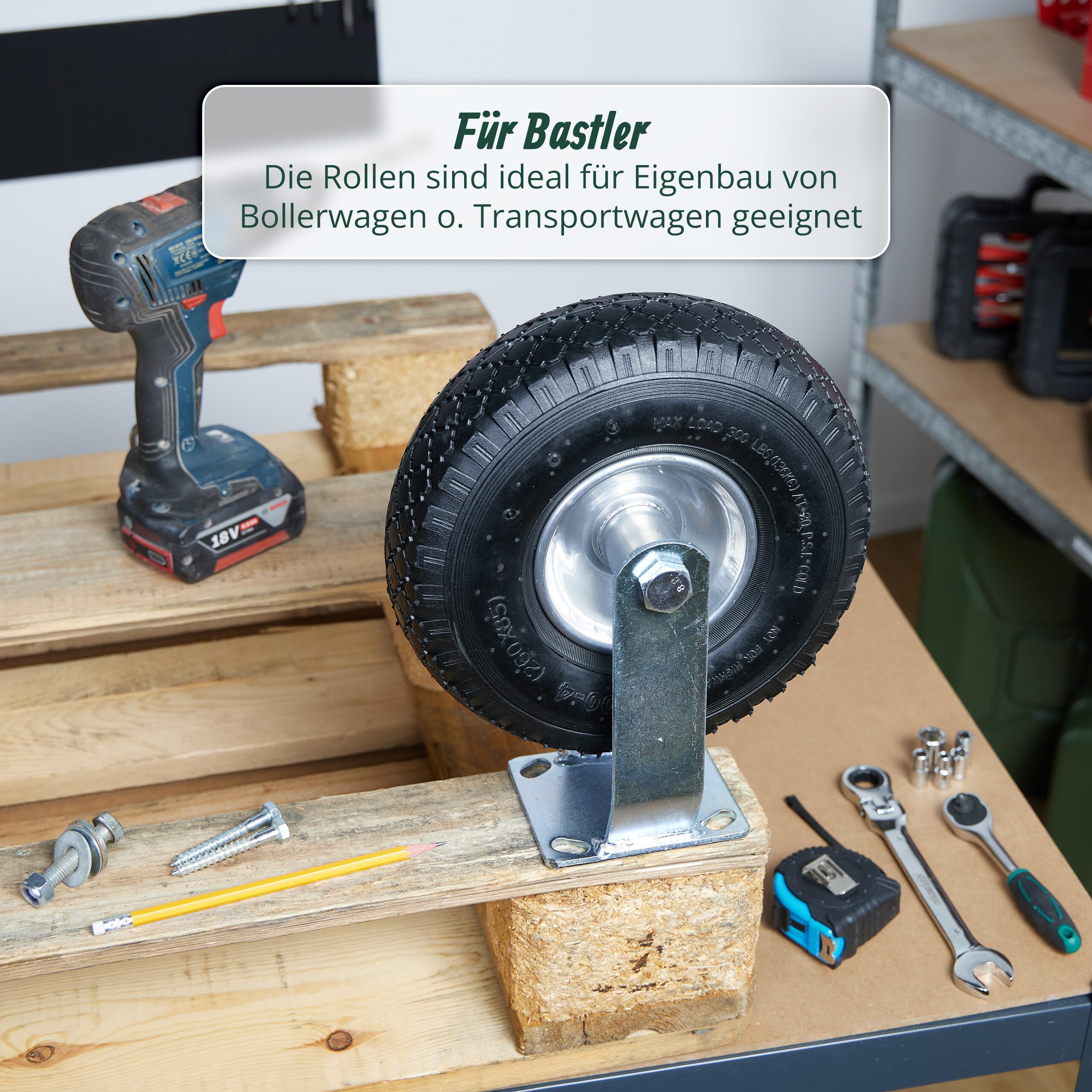 Relaxdays 2x Bockrolle + 2x Lenkrolle Set, luftbereiftes Schwerlastrad, 3.00-4, Transportrollen 120 kg, schwarz/silber