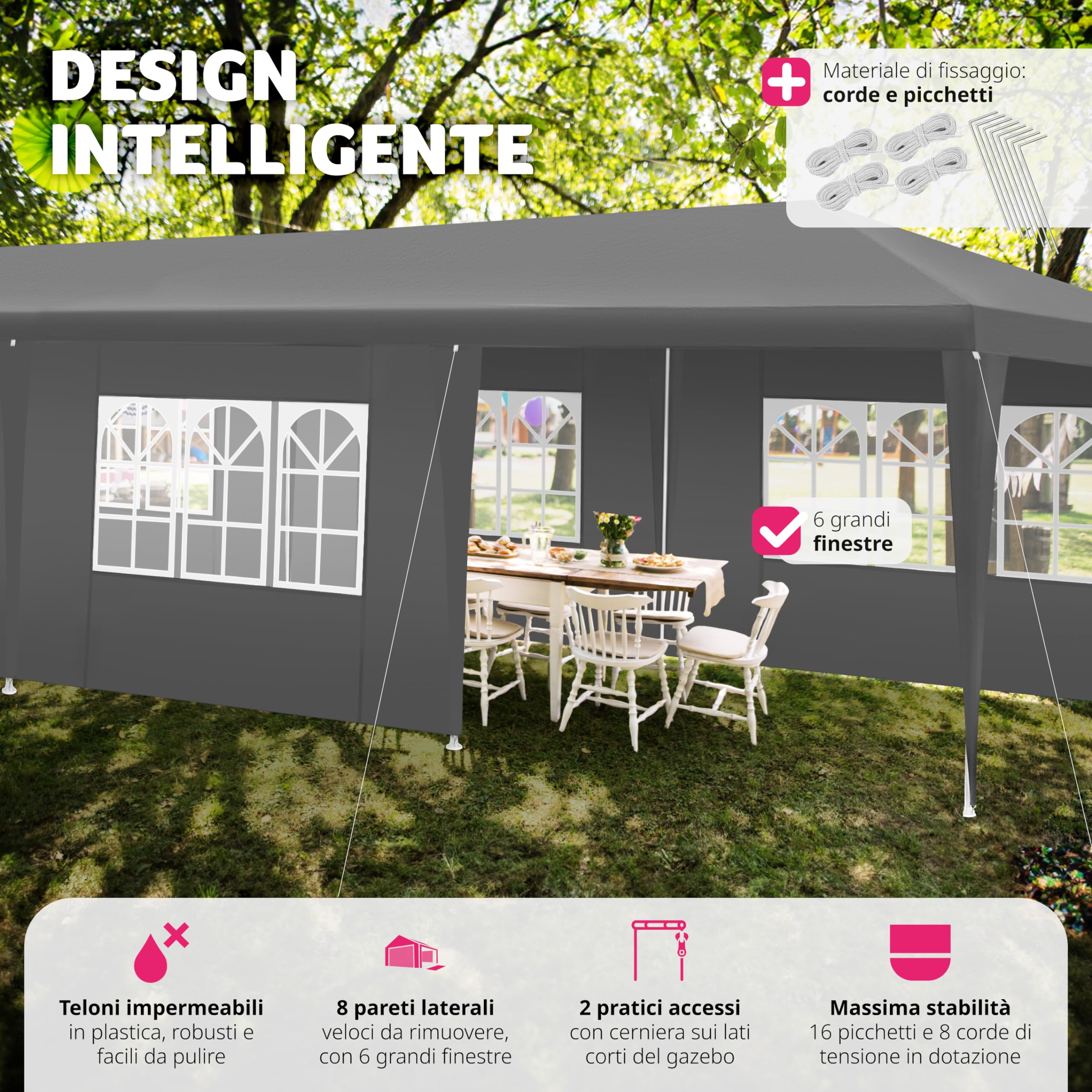 tectake® Tendone per Feste, Padiglione Gazebo Esterno Resistente con 8 Pezzi Laterali, Gazebo da Esterno con Finestre, Impermeabile, Resistente ai Raggi UV, 900 x 300 x 250 cm - Grigio