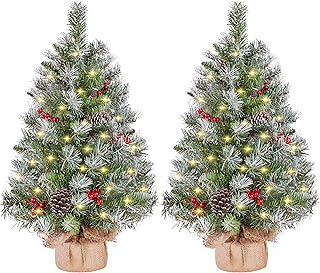 Yaheetech 2Pcs Pre-Lit Artificial Mini Tabletop Christmas Tree, 3ft/92cm Frosted Battery Operated Small Xmas Trees with 50 LED Lights, 70 Red Berries &10 Pinecones for Festival Decoration