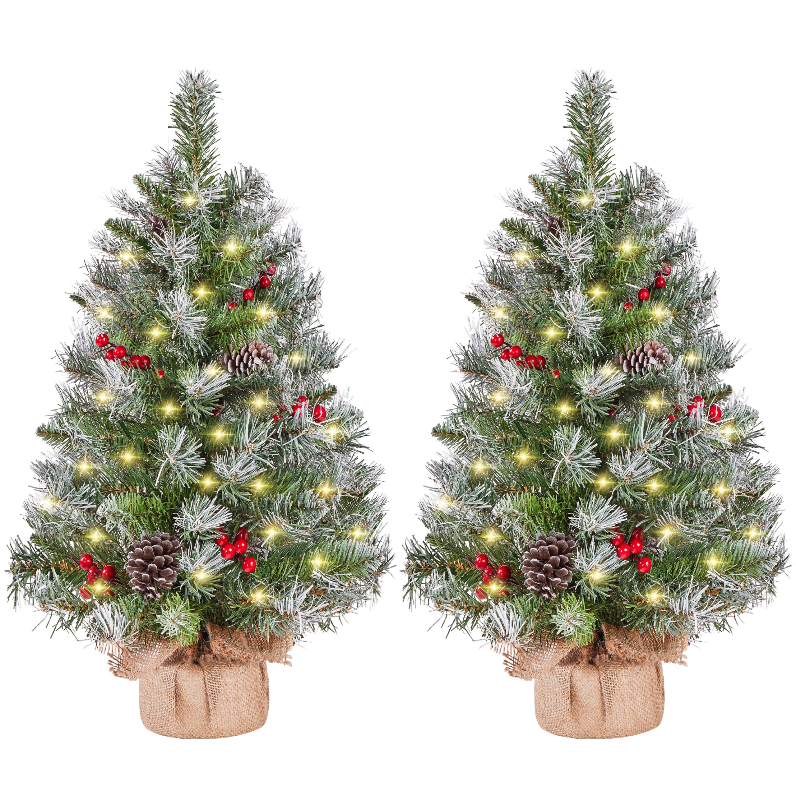 Yaheetech 2Pcs Pre-Lit Artificial Mini Tabletop Christmas Tree, 3ft/92cm Frosted Battery Operated Small Xmas Trees with 50 LED Lights, 70 Red Berries &10 Pinecones for Festival Decoration