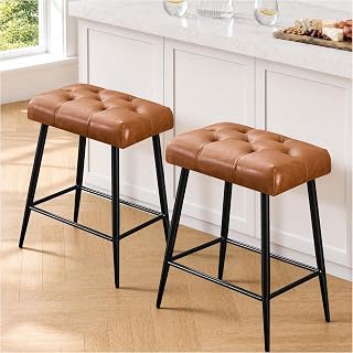 STOOLINK 24 in Bar Stools Set of 2, Backless Bar Stools with Bench Height | Crazy Horse Leather Counter Bar Stools 4 Inch Upholstered Seat, Adjustable Footpins, Mid Century Modern, Brown