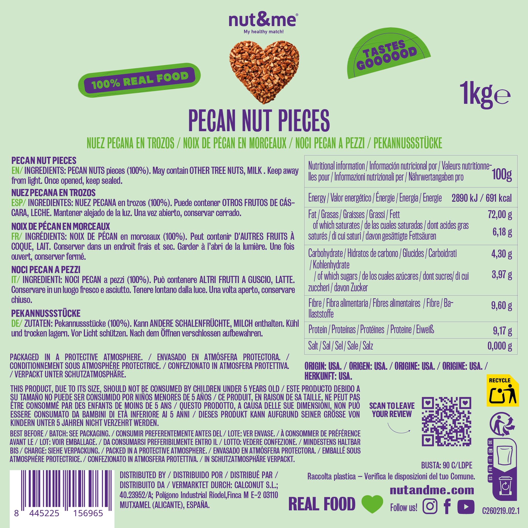 nut&me Nueces Pecanas Troceadas 1 kg | Nuez pecana variedad Fancy, sin cáscara, sin gluten y sin aditivos | Frutos secos sin sal para repostería, ensaladas, yogur, granola y recetas dulces