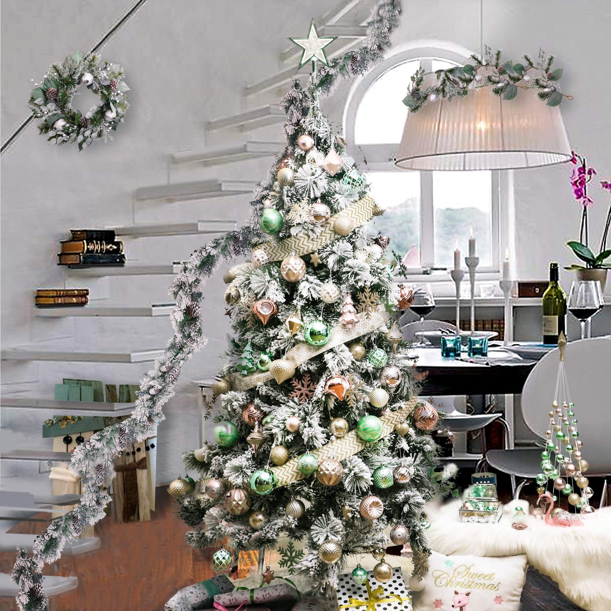 Valery Madelyn Weihnachtskugeln 30 Stücke 6CM Kunststoff Christbaumkugeln Weihnachtsdeko mit Aufhänger für Weihnachten Dekoration Eleganter Palast Thema Mintgrün Rosa Gold