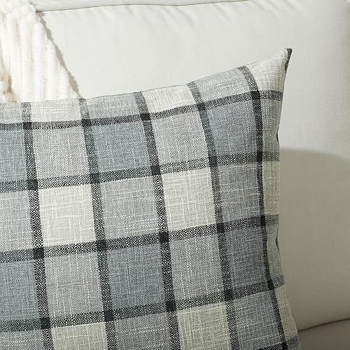 Miniatura 4 de Stellhome Paquete de 2 fundas de almohada de lino a cuadros de búfalo, fundas de cojín decorativas para sofá, sala de estar, 18 x 18 pulgadas, gris