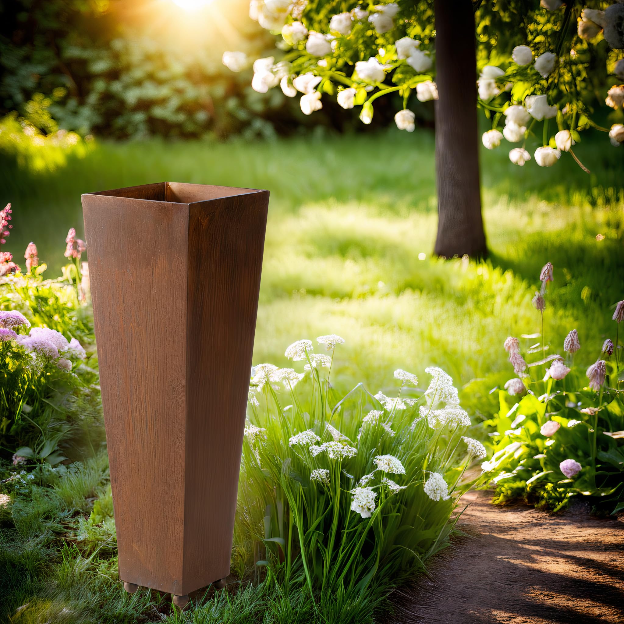 ecosoul Donica na rośliny, duża, kwadratowa, stożkowa, do sadzenia, metalowa, rdza, pojemnik, statuetka dekoracyjna, 75 cm