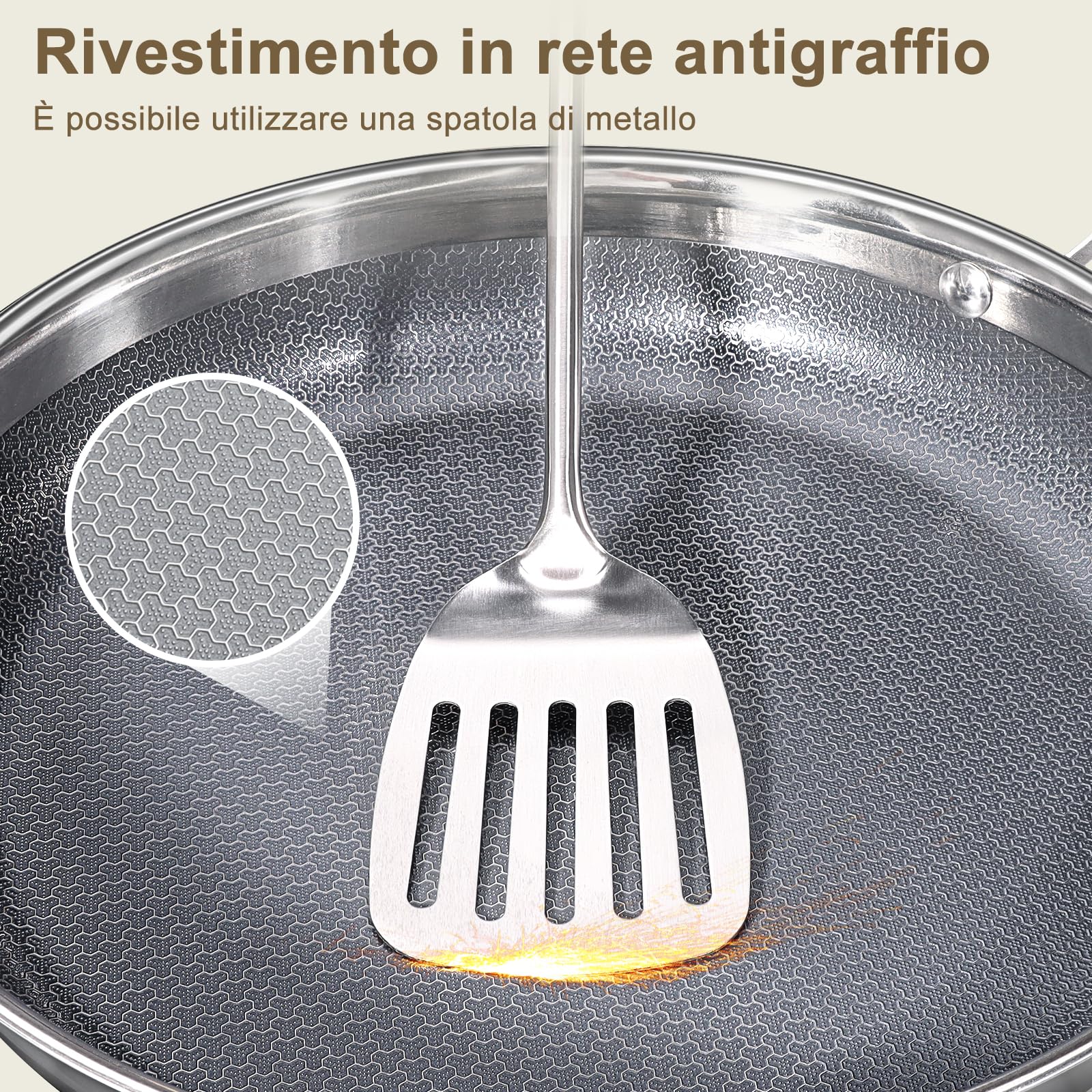 GiPP Padella in Acciaio Inossidabile Triplo Strato 30cm con Coperchio | Rivestimento Antiaderente a Nido d'Ape, Compatibile con Induzione, Gas, Elettrico, Sicura per Forno, Per Rosolare Friggere