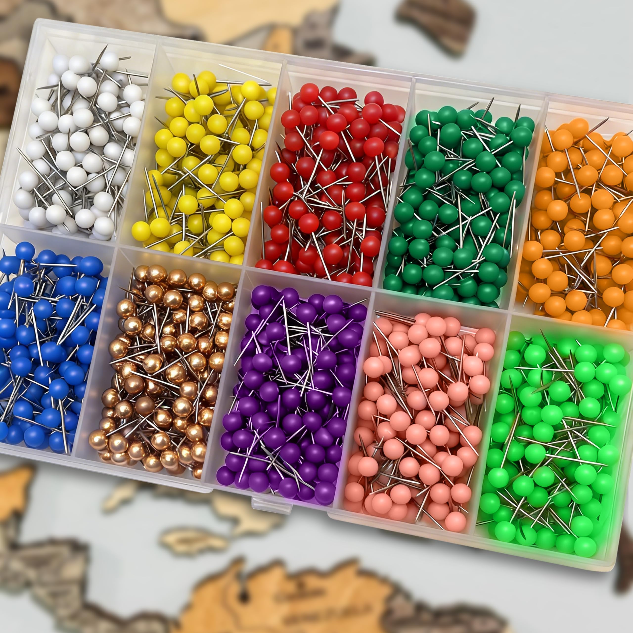 - 1200 Pcs Multi-Color Push Pins for Travel Map, 1/8" Small Durable Map Tacks Stainless Steel Point for Cork Bulletin Board, World Map Pin Board, Fabric Marking, Craft, Office