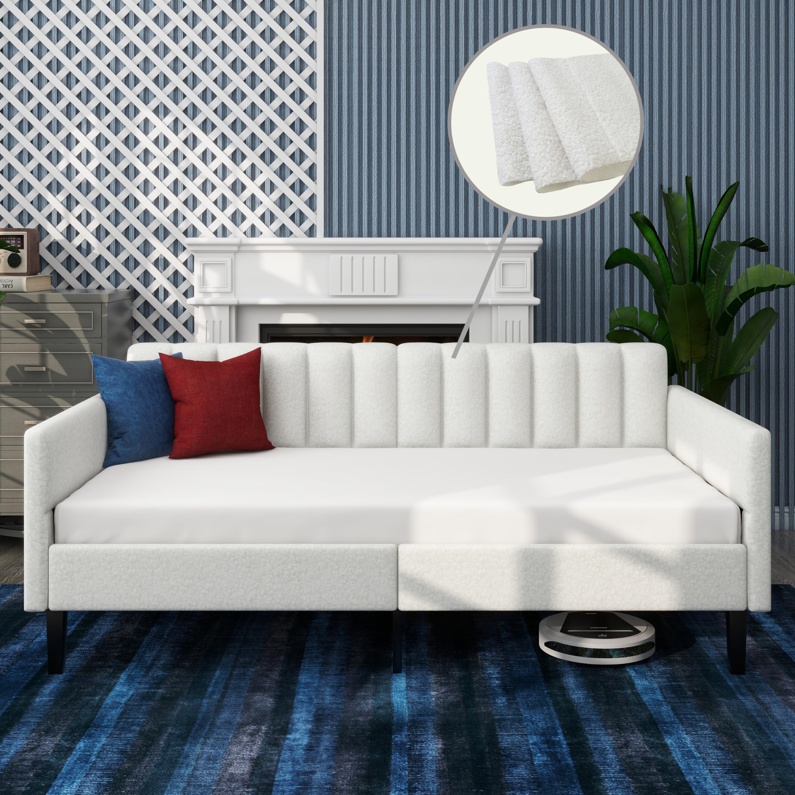 Twin Size Boucle Upholstered Daybed,Ribbed Tufted Backrest,Sofa Bed in Lavish Modern Design,Richly Foam hued and Super Comfort,for Guest Rooms Small sSpaces Apartments,Cream Ivory (BOX 1 of 2 ONLY)