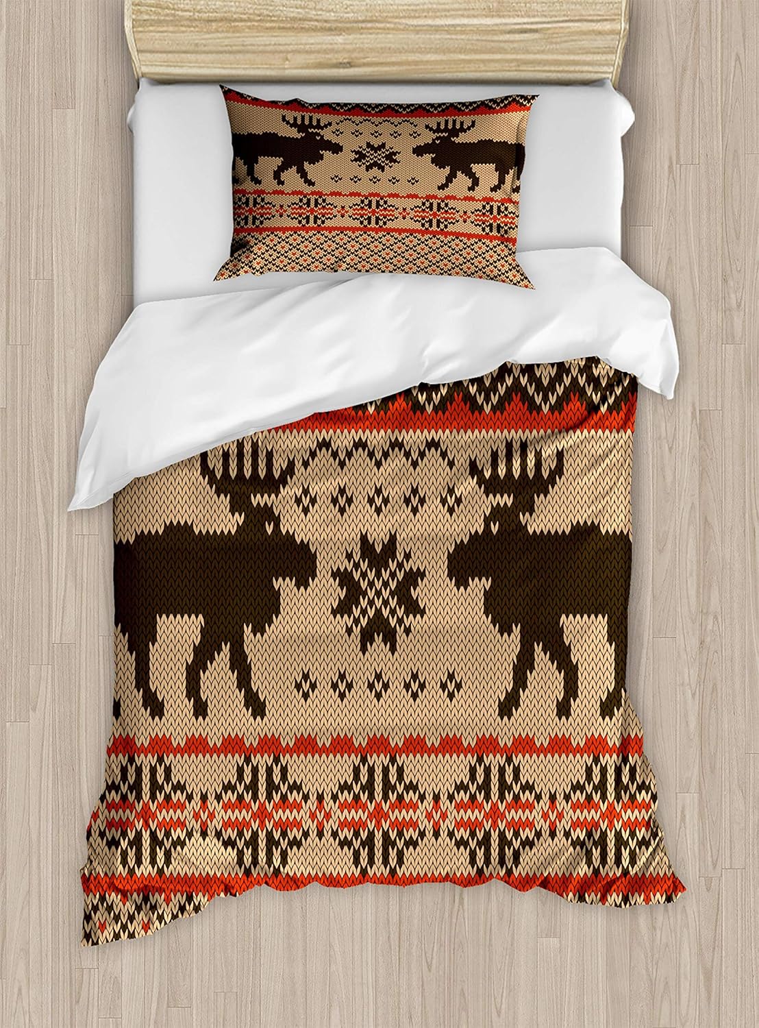 Ambesonne Cabin Duvet Cover Set, Knitted Swatch with Deers and Snowflakes Classical Country Plaid Digital, Decorative 2 Piece Bedding Set with 1 Pillow Sham, Twin Size, Vermilion Brown Twin Vermilion Brown