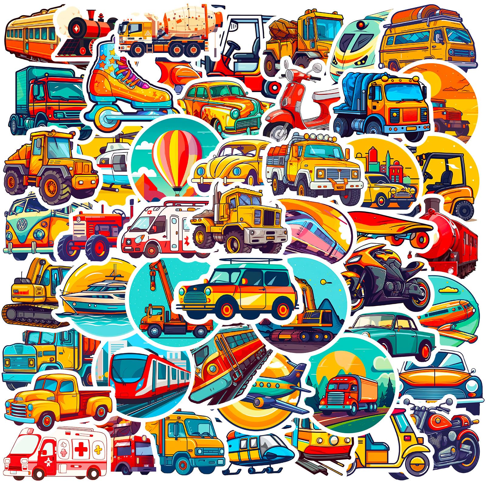 200 Adesivi A Tema Trasporti Per Bambini: Escavatori, Auto, Aerei, Moto, In Vinile Impermeabile, 4-8 Cm