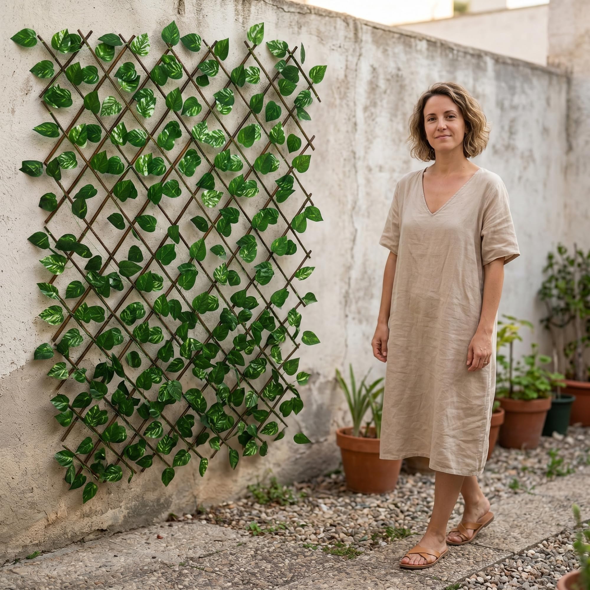 Celosia para Terraza Exterior Extensible 100x200cm de Madera y Hoja Potos Incluye Bridas – Decorativa, Resistente y Versátil – para Jardín, Balcón y Terrazas
