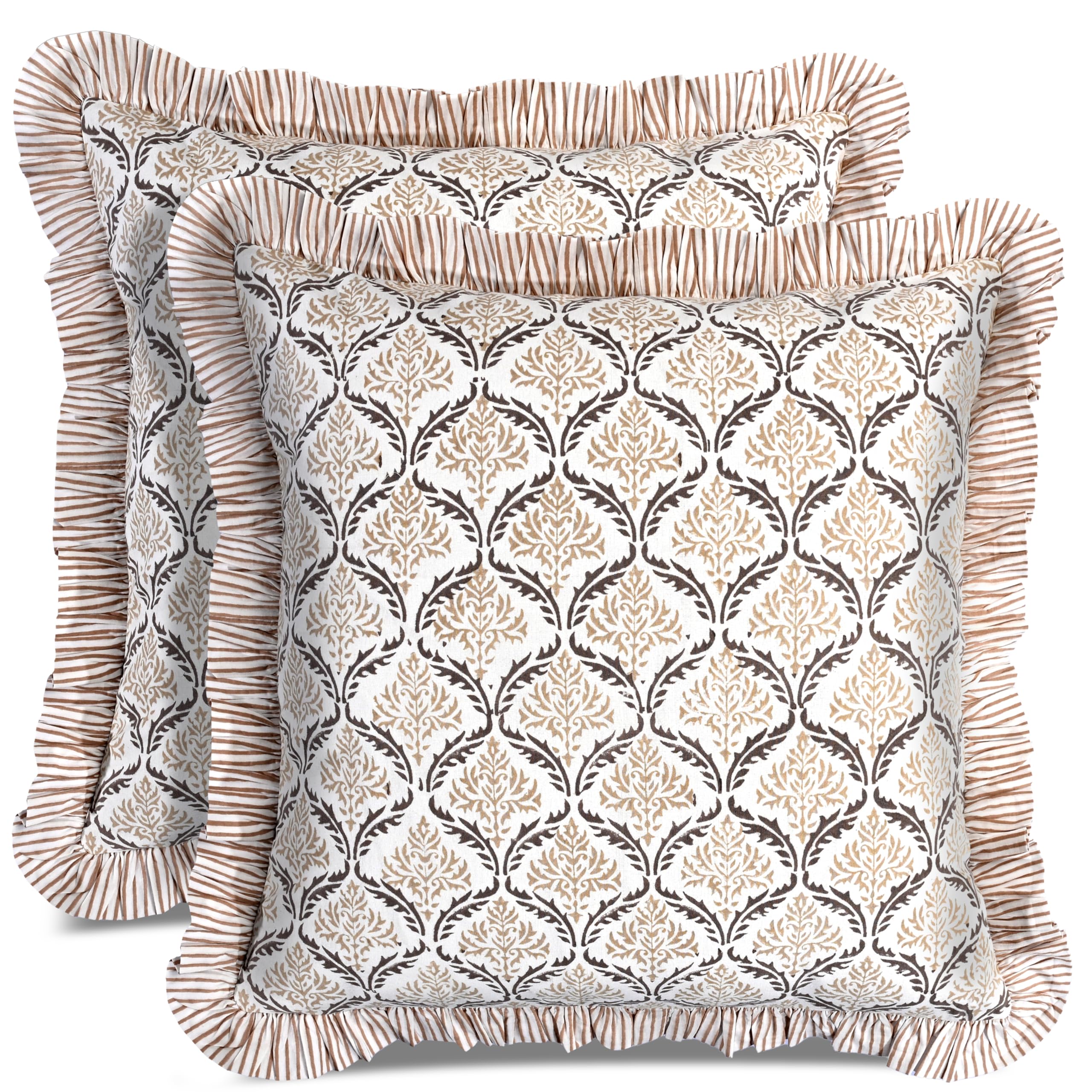CPC Sandstone Regal Hand Block Print 100% Cotton Ruffle Throw Pillow Cover 24x24 inch with Hidden Zipper Decorative for Couch, Bed, Sofa, Farmhouse, Cottagecore Decor Gift Christmas Fall Thanksgiving