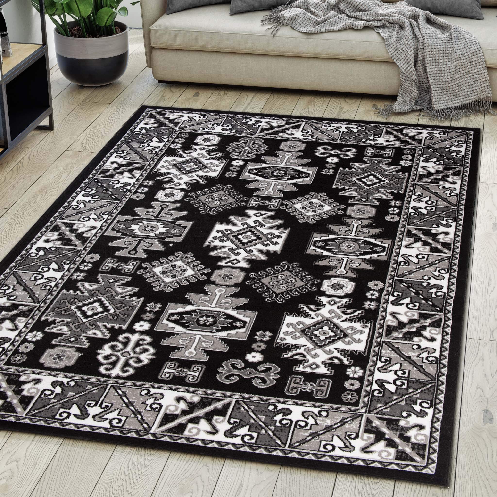 Mazovia Vloerkleed Oosters - Tapijt Kortstondig Pooltje - Tapijten Oosters Traditioneel Patroon - Decoratie Tapijt Woonkamer, Slaapkamer, Eetkamer - OEKO-TEX Carpet - Rug 140x200cm - Beige Zwart