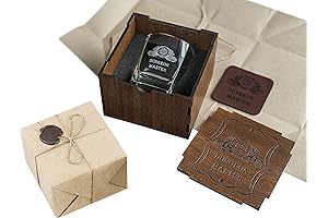 Personalized Dungeons Master Gift Set: Premium Whiskey Glass, Wooden Box, Full-Grain Leather Coaster