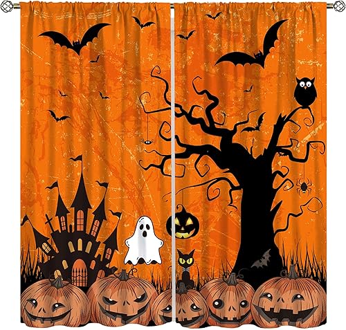 Cortina de bosque de Halloween de terror, castillo de bosque negro, calabaza, murciélago, búho, gato, cortina de cocina, dormitorio, sala de estar,