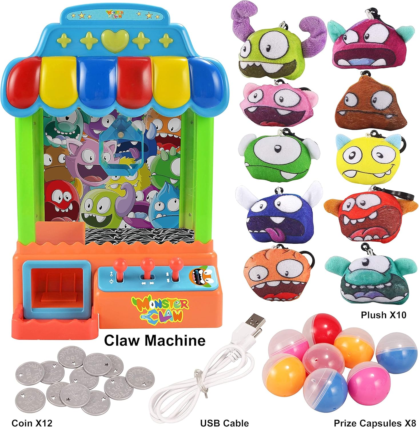 JOYIN Mini Claw Machine with included plush characters, coins, USB cable, and prize capsules