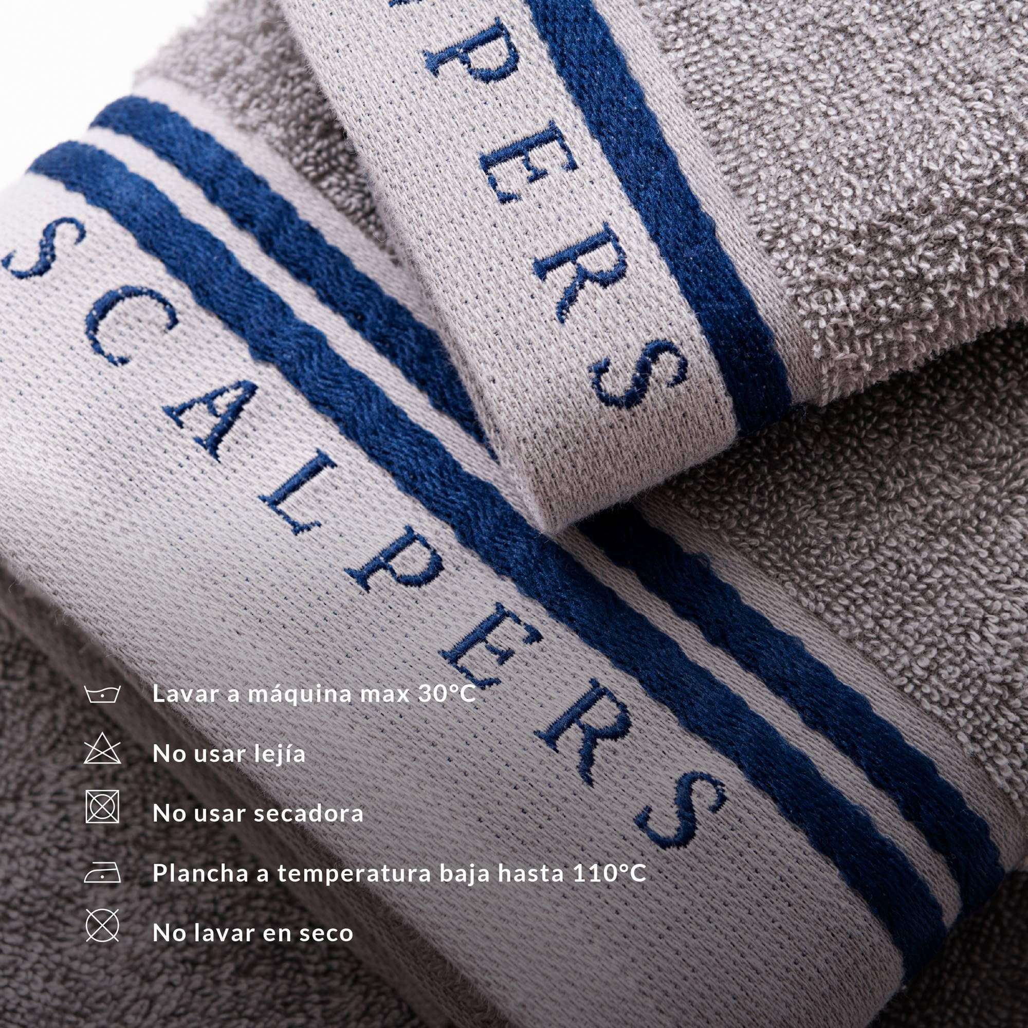 Scalpers Set Toallas baño (tocador 30x50cm + Manos 50x90cm + baño 70x140cm) 450GSM en algodón Gris con Azul Home