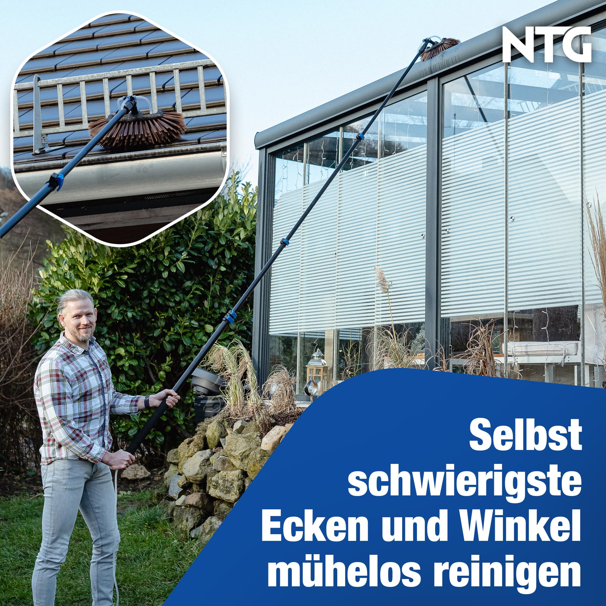 NTG Teleskop Waschbürste 4,6m 3-in-1 Bürstenkopf mit extra weichen Borsten | Mikrofasertuch & Abzieher + Wasseranschluss | Wintergarten Reinigungsset PV Anlage Reinigung Waschbürste mit Teleskopstiel