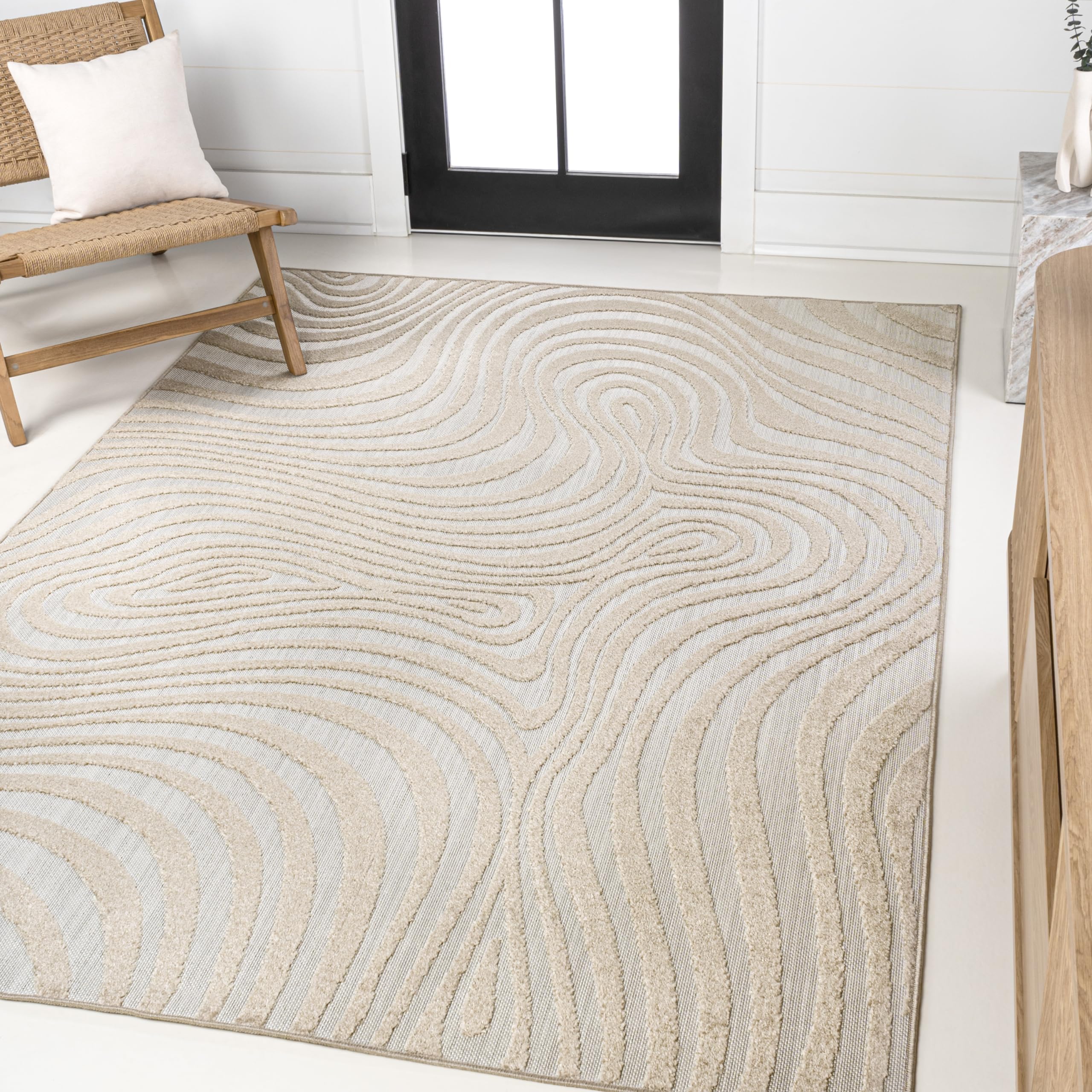 JONATHAN Y SCN103D-8 Maribo High-Low Abstract Groovy Striped Beige/Cream 8 ft. x 10 ft. Indoor/Outdoor Area Rug for Patio, Backyard, Living Room, Bedroom, Office, Hose-Washable