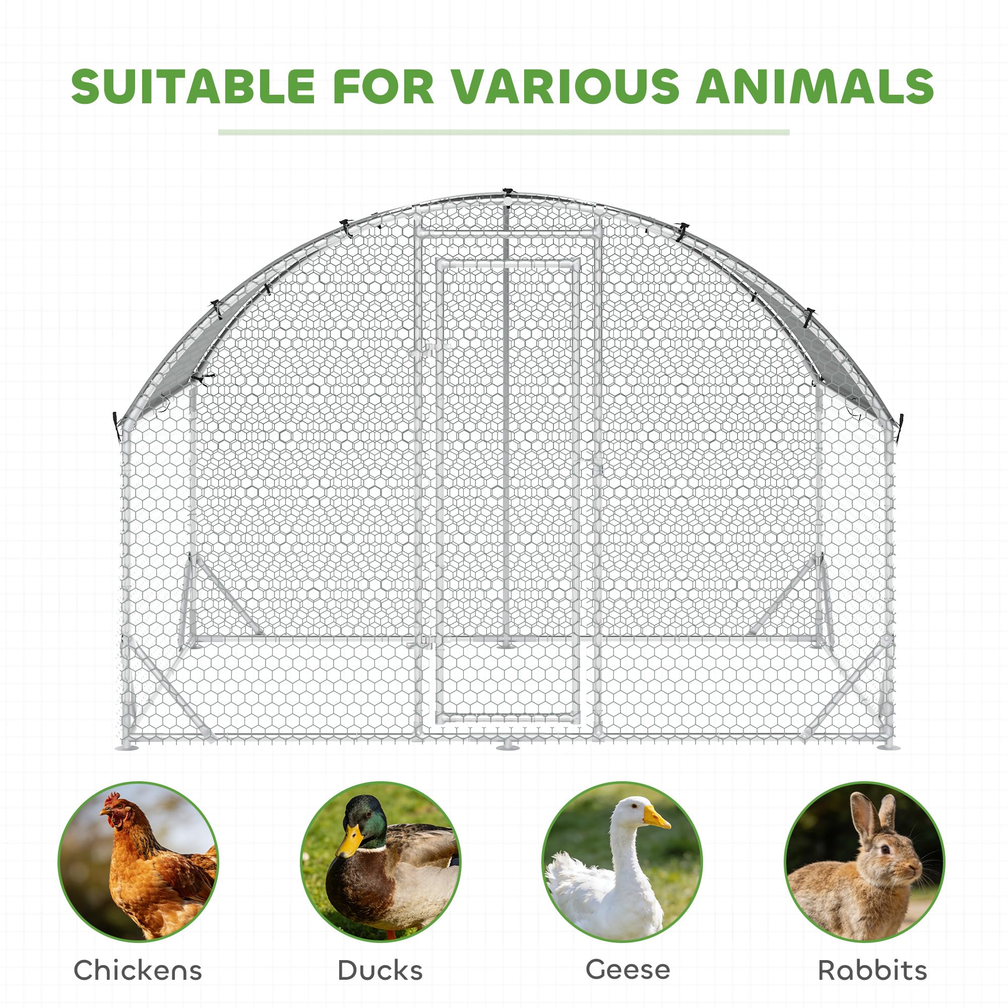 PawHut Pollaio per Galline da Esterno, 2.8x1.9x2m 5.3 m² Recinto Galline in Acciaio Zincato con Tetto Impermeabile Anti-UV e Serratura, Gabbia per 4-6 Polli, Piccoli Animali, Conigli e Anatre
