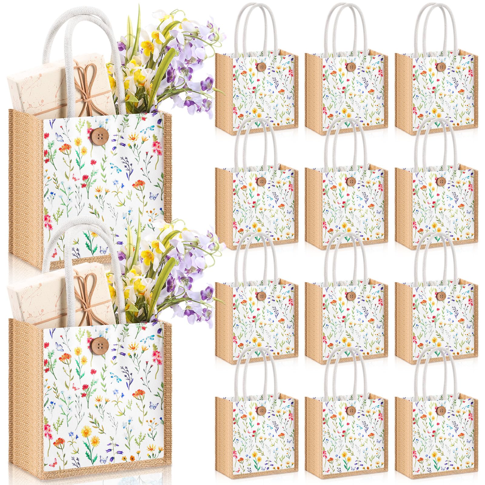 Abbylike Lot de 12 mini sacs cadeaux floraux réutilisables en toile de jute Cielito Lindo avec poignée et bouton pour printemps, mariage, fête prénuptiale, fête (aquarelle)