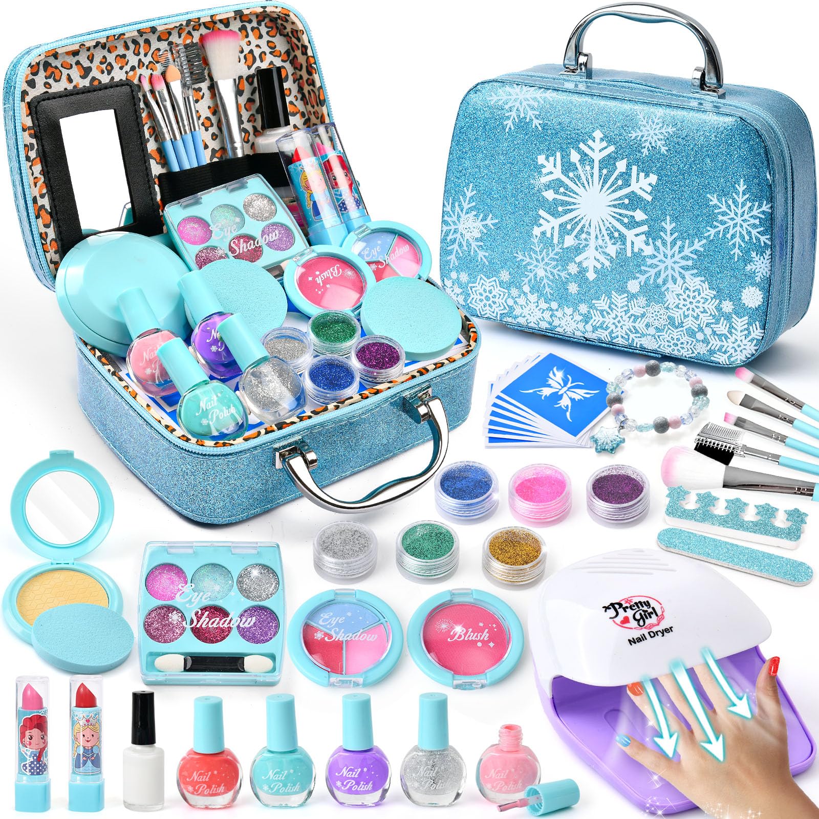 G.C Reine des Neiges Jouet Cadeau Fille 4 5 6 7 8 Ans, Kit Maquillage Enfant Fille avec Séchoir à Ongles Vernis à Ongles Tatouage Paillettes, Coffret Maquillage Nail Art Cadeau